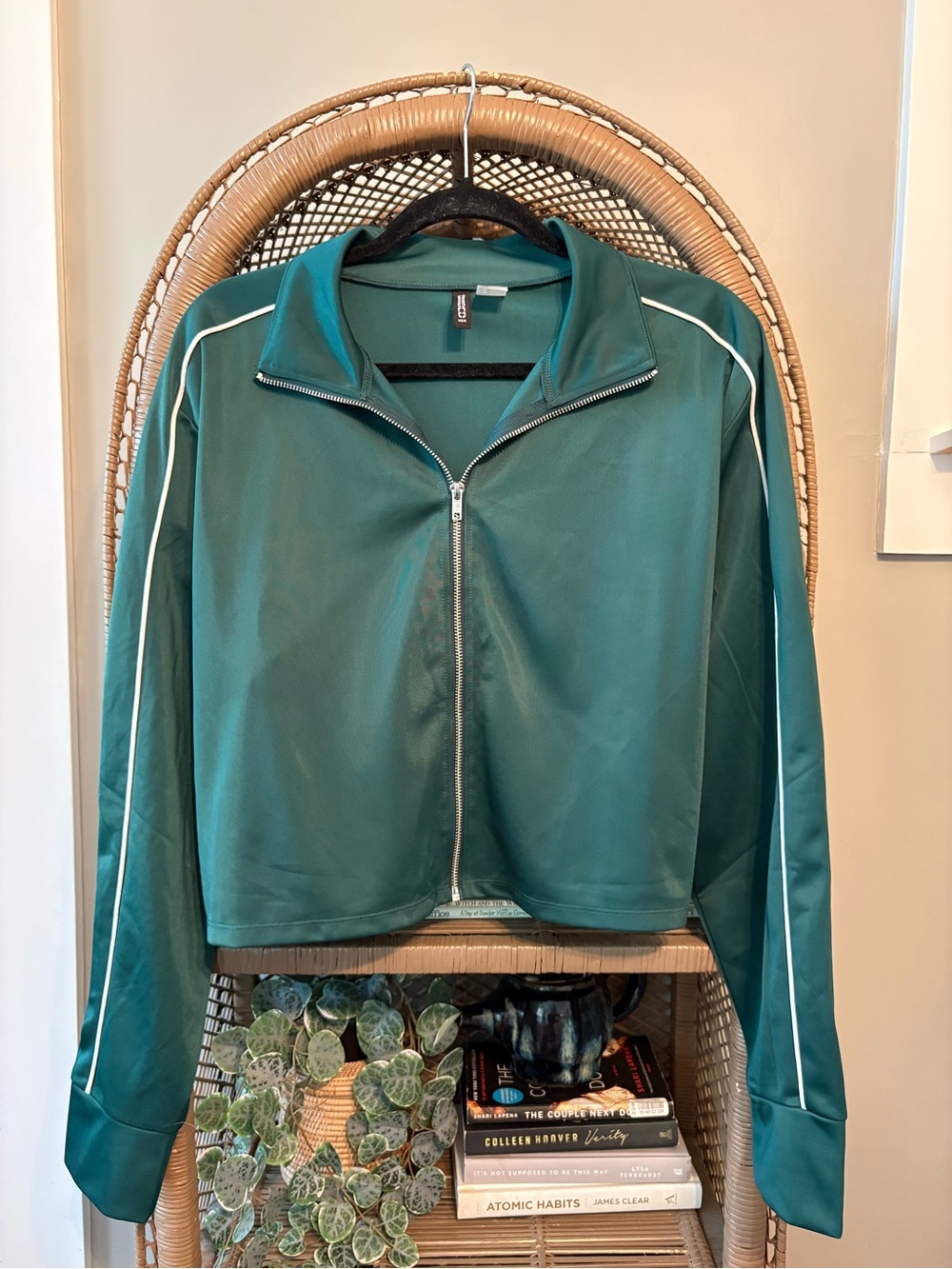 H&M Teal Zip-Front Bomber Jacket with White Piping